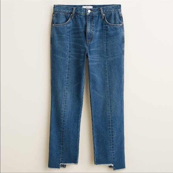 MANGO High Rise Frayed Straight Jeans Blue - Picture 1 of 7